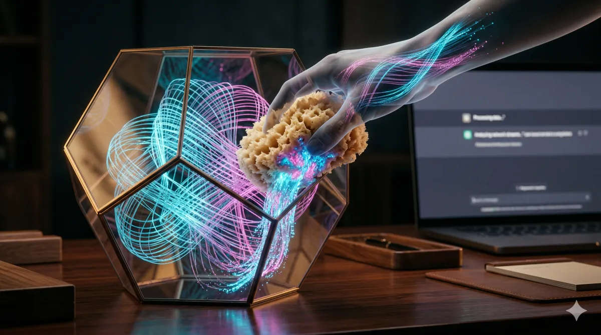 A conceptual close-up shot of an elegant glass terrarium on a polished wooden desk, containing a glowing fiber optic sculpture representing data. A transparent hand is dipping a sea sponge into the terrarium, wringing out and absorbing the glowing fibers. A blurred laptop screen in the background shows a chat interface.