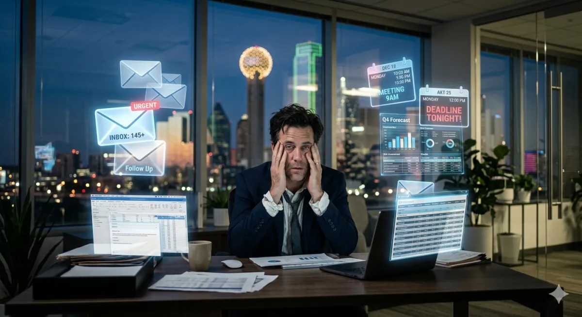 A frustrated Dallas business executive overwhelmed by a holographic cloud of emails and calendar notifications, representing digital debt in a North Texas office setting.