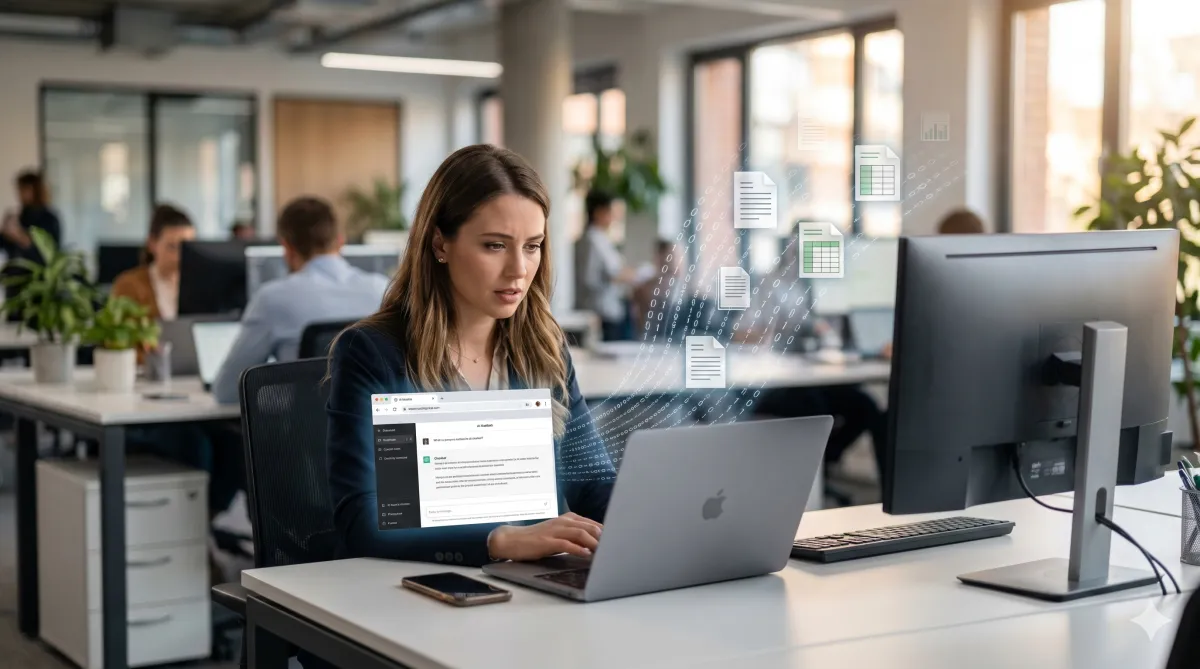 Visualizing corporate data leaking through an employee's personal laptop via an unauthorized AI chatbot.