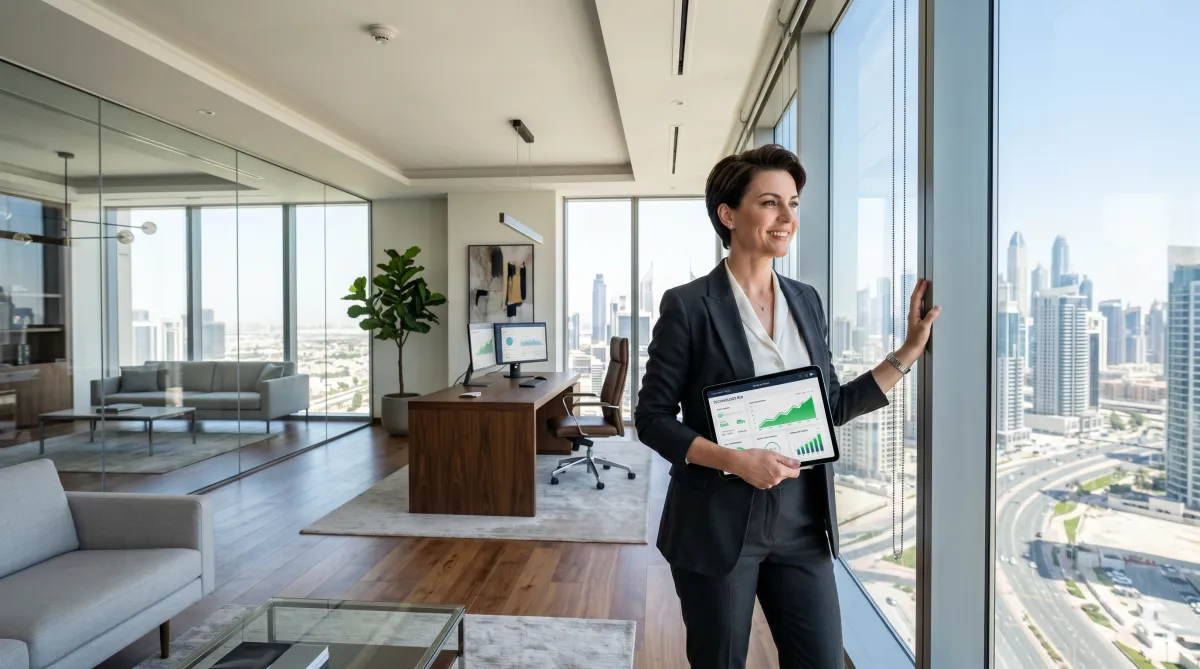 A business owner reviewing a positive technology ROI report in a bright, modern office.