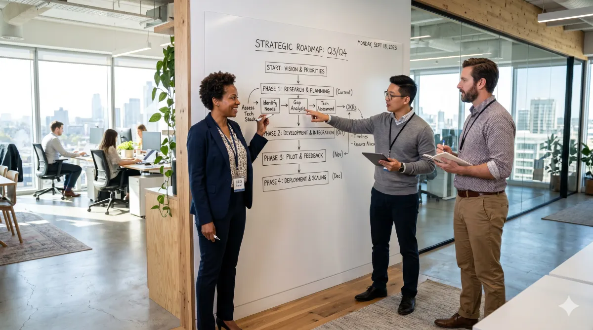 A business leader presenting a successful, integrated AI workflow that was built following a structured implementation roadmap.
