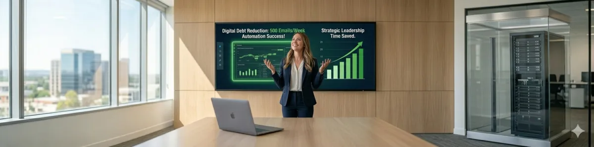 A satisfied North Texas CEO enjoying freedom from chaotic email, standing before a clear 16:4 wide dashboard in a modern office showing successful digital debt reduction.