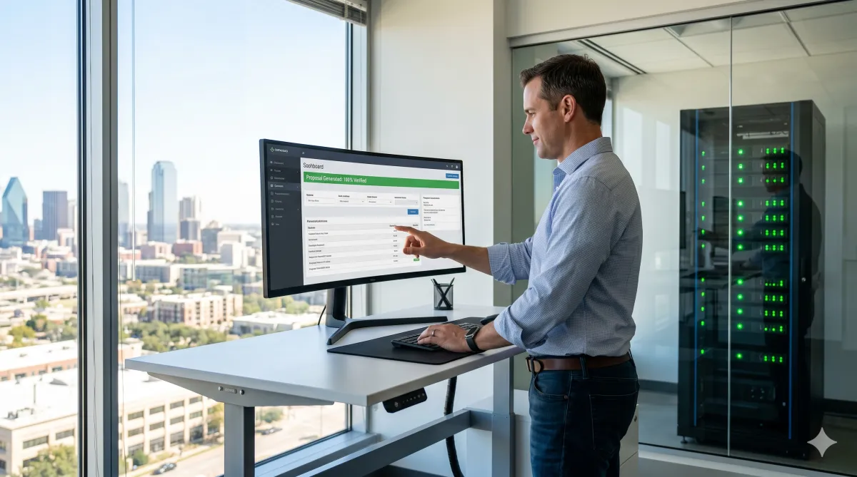 Marcus submitting a high-value business proposal generated in minutes using secure AI automation in a modern office.