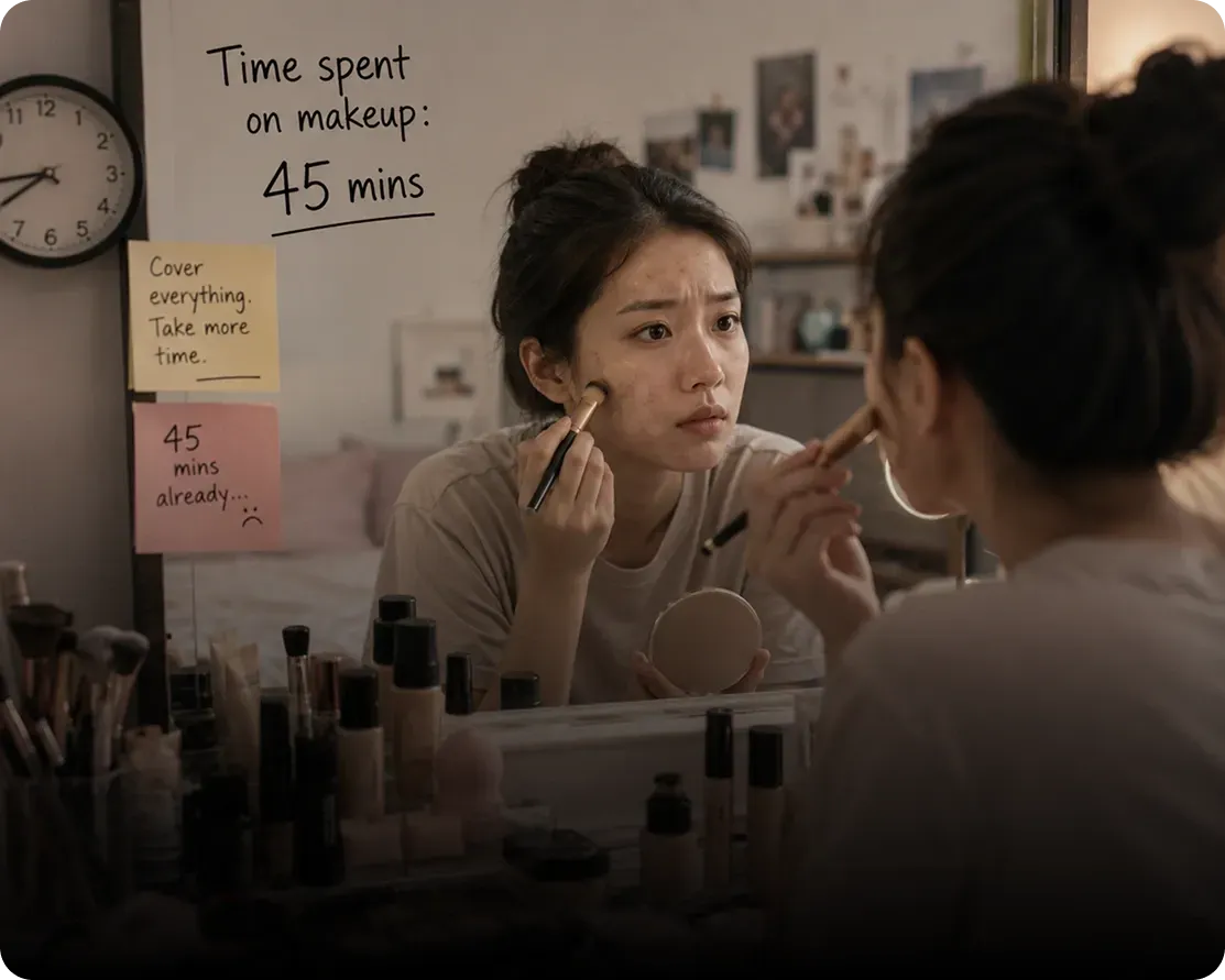 Covering dull skin and acne marks with makeup every day