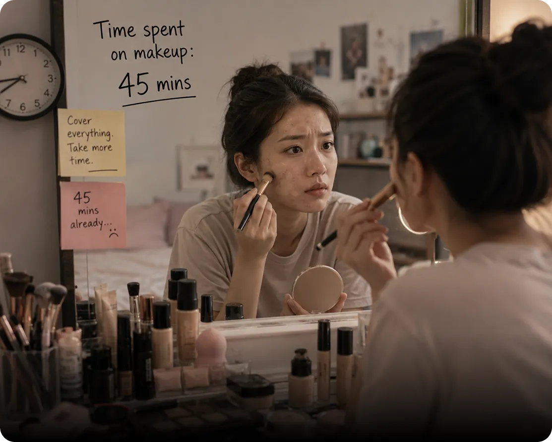 Covering dull skin and acne marks with makeup every day