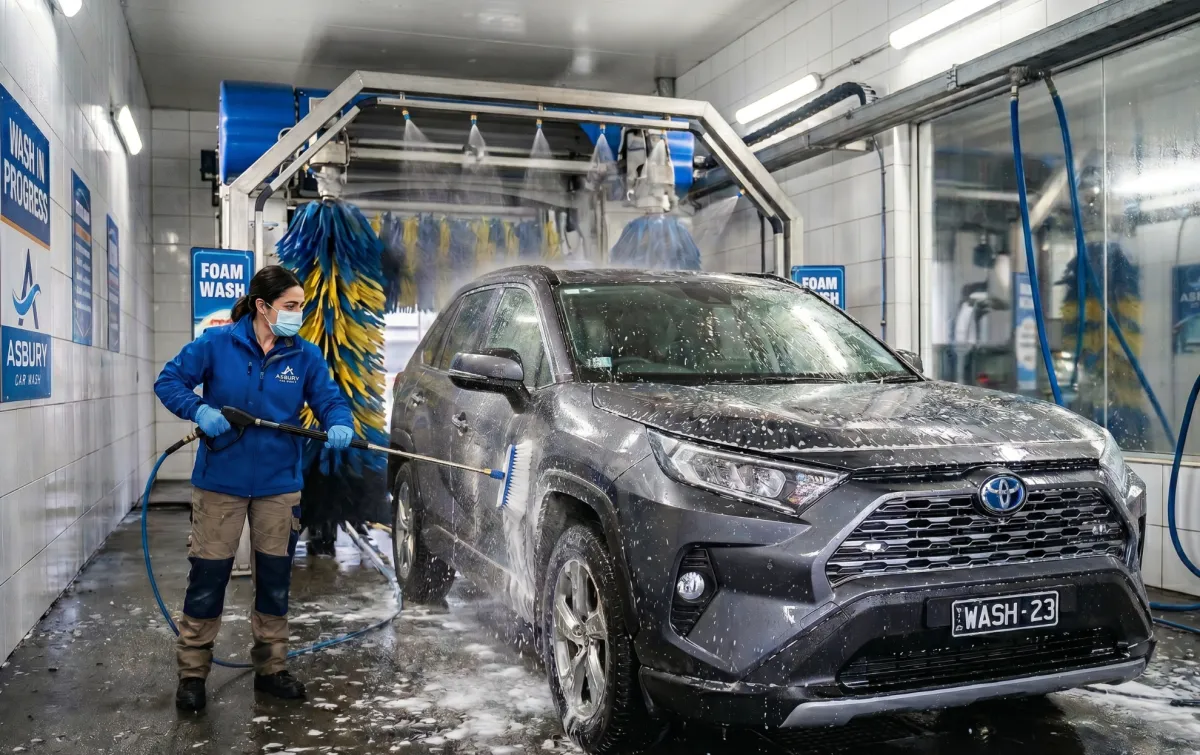 An Asbury Car Wash professional applying foam and scrubbing a car's exterior to remove hidden dirt and grime