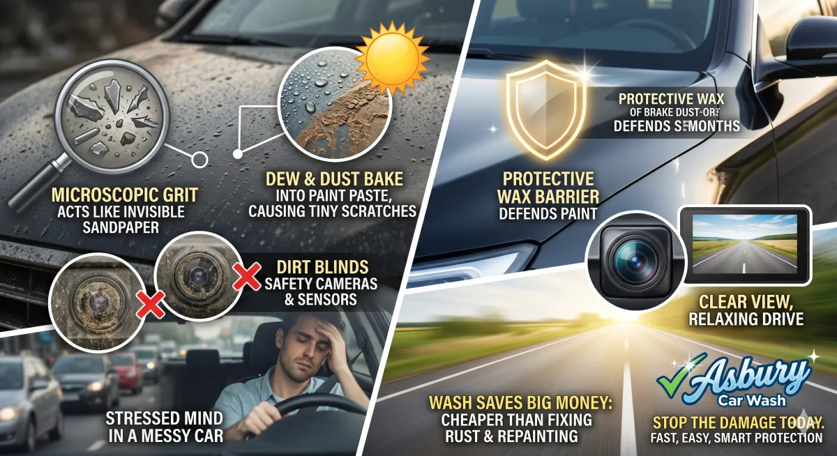 An infographic comparing a dirty car suffering from baked-in dust, scratched paint, and blocked safety sensors on the left, to a clean car with a protective wax barrier and clear sensors on the right, featuring the Asbury Car Wash logo.