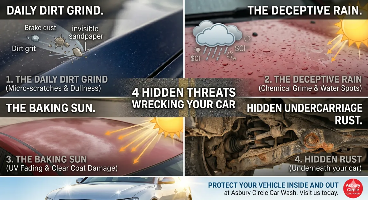 An infographic illustrating four hidden threats that damage your car: daily dirt, deceptive rain, baking sun, and undercarriage rust. The bottom features a shining white car and the Asbury Circle Car Wash logo, encouraging drivers to protect their vehicles inside and out.