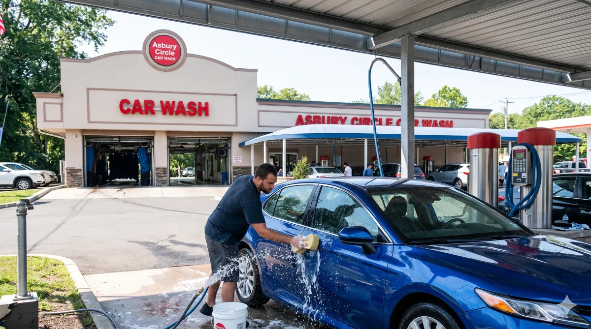 A car being manually washed with the Asbury Circle Car Wash building clearly visible in the background.