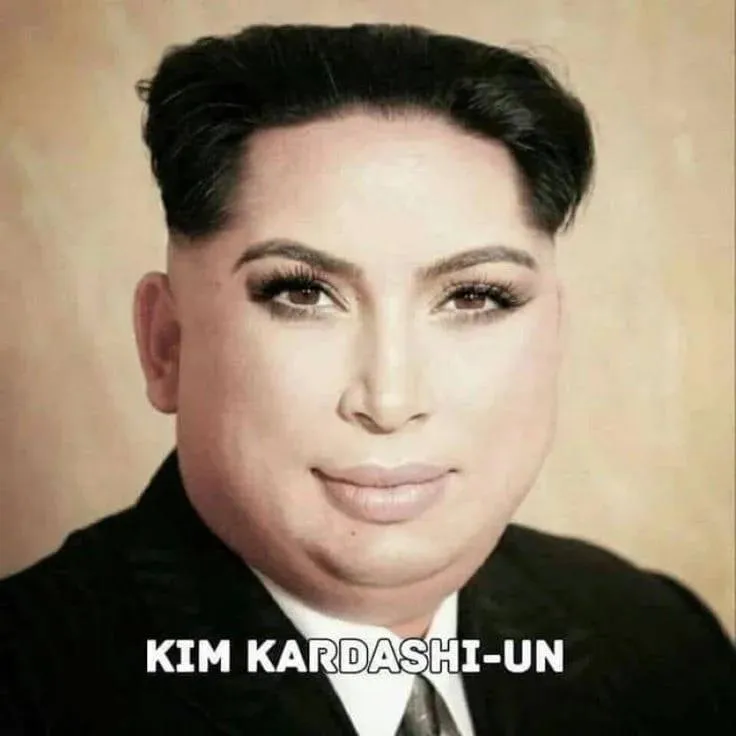 Digital parody prank image combining features of multiple famous public figures into one exaggerated portrait, used as a viral joke meme and internet prank image. Kim Kardashian Kim Jung