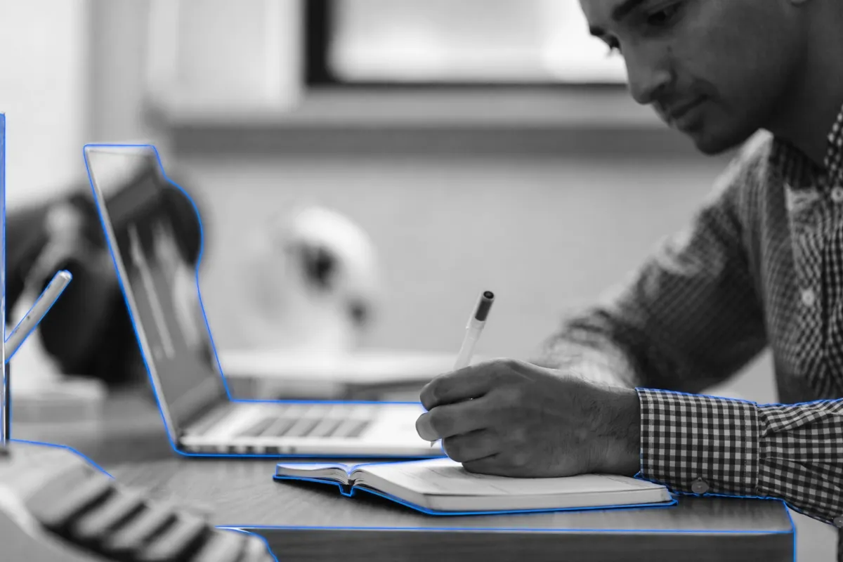 Grayscale enterprise professional analyzing transparent financial reporting with #3584FA highlights