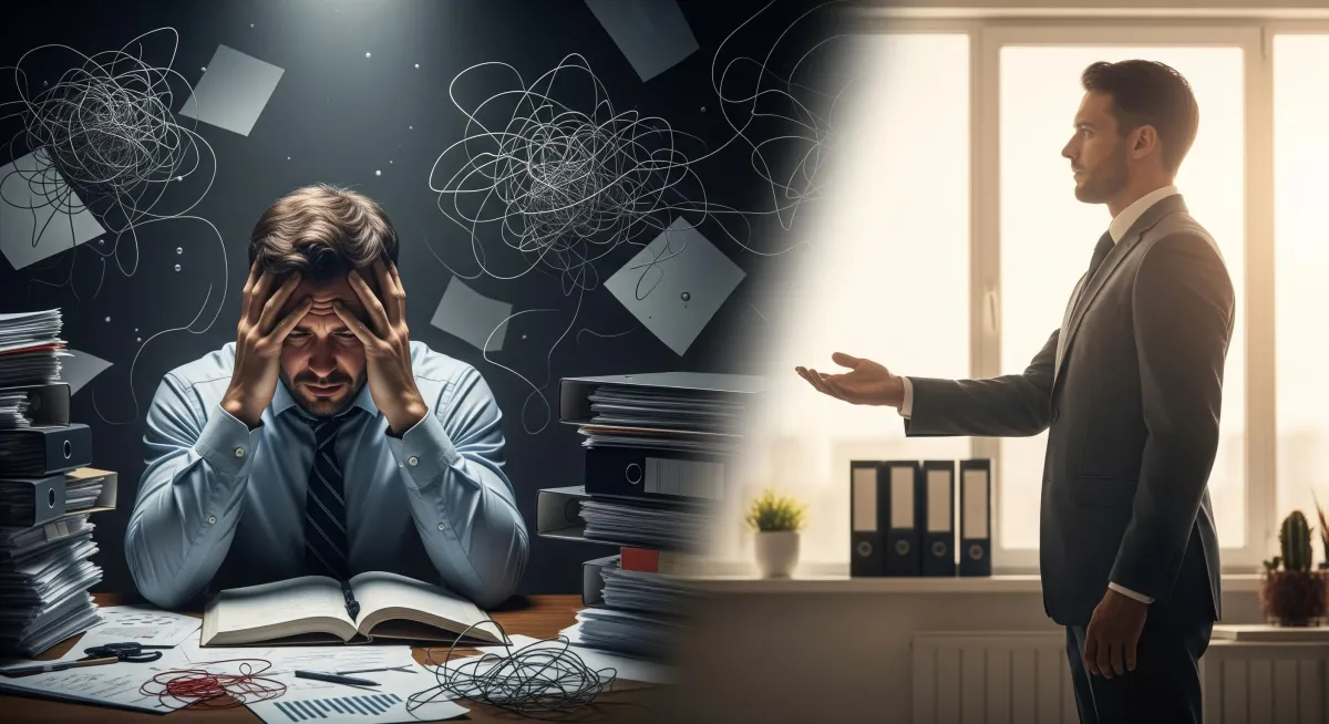 Professionista in preda allo stress ed al caos, che viene aiutato da Xpert Academ, che tende la mano per aiutarlo a costruire il suo risultato