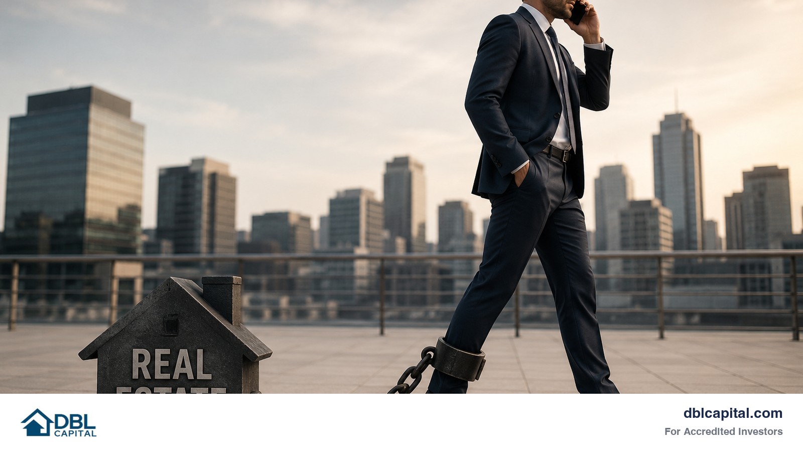 An business professional dressed in a suit is on a phone call. He has a chain attached to this leg and instead of a ball the chain is connected to a little cement house that says real estate. 