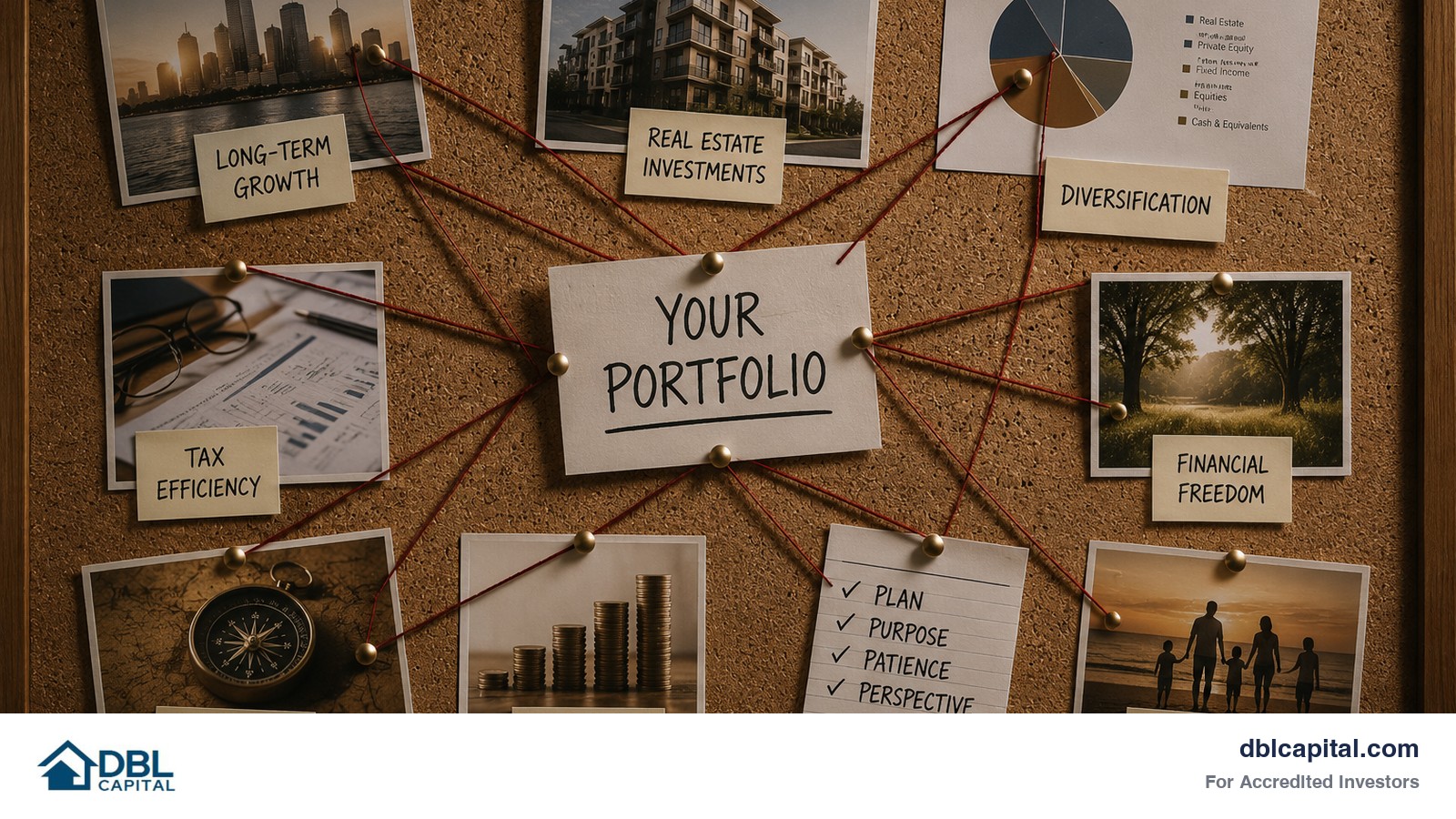 The images shows a cork board with different portfolio elements pinned to the board. Each asset has a red string connecting it to the rest of the board. 