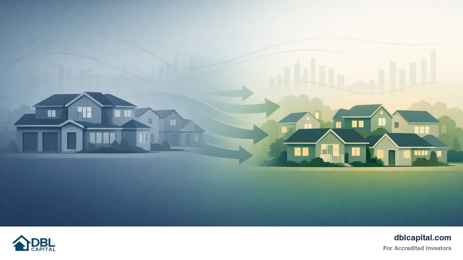 The image shows a wind blowing over a cool blue housing community to a thriving green housing community. 