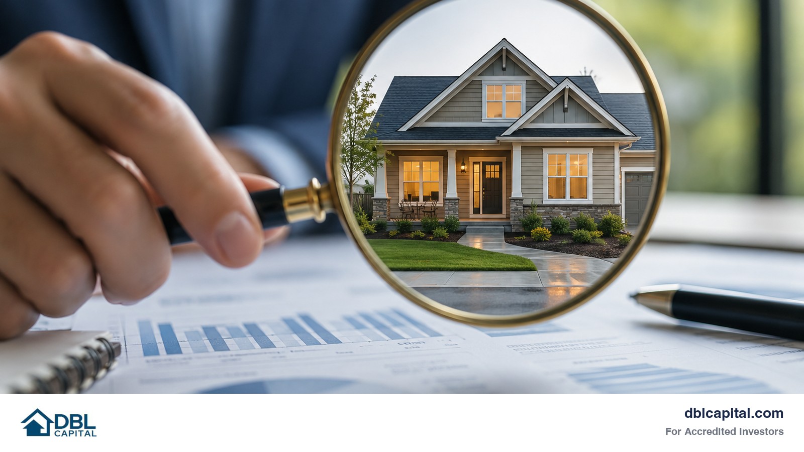 An investor holds up a magnifying glass that shows a single family home. 