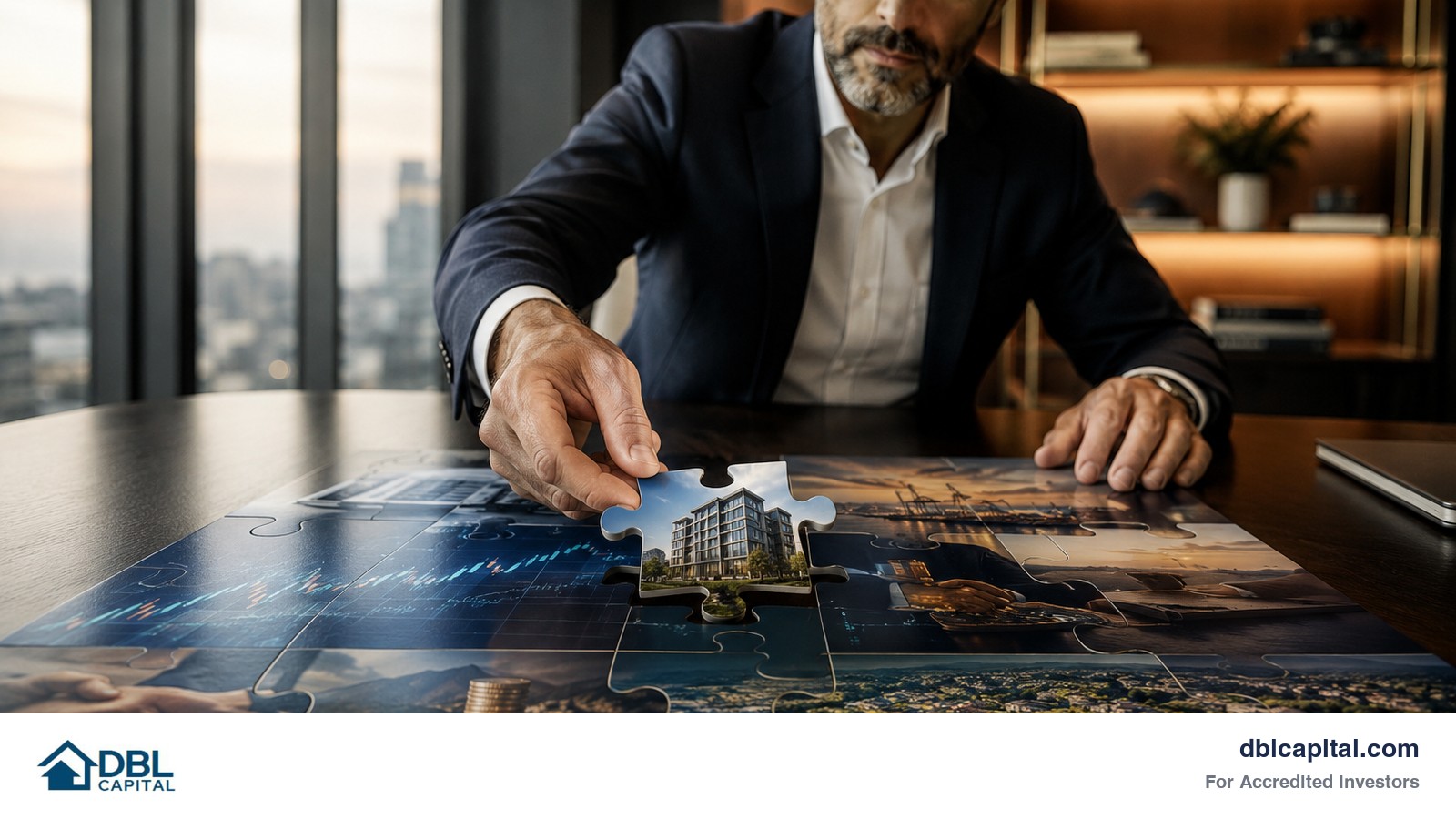 An investor is putting together a puzzle which each piece features a different investment type. The piece in his hand is a real estate piece. 