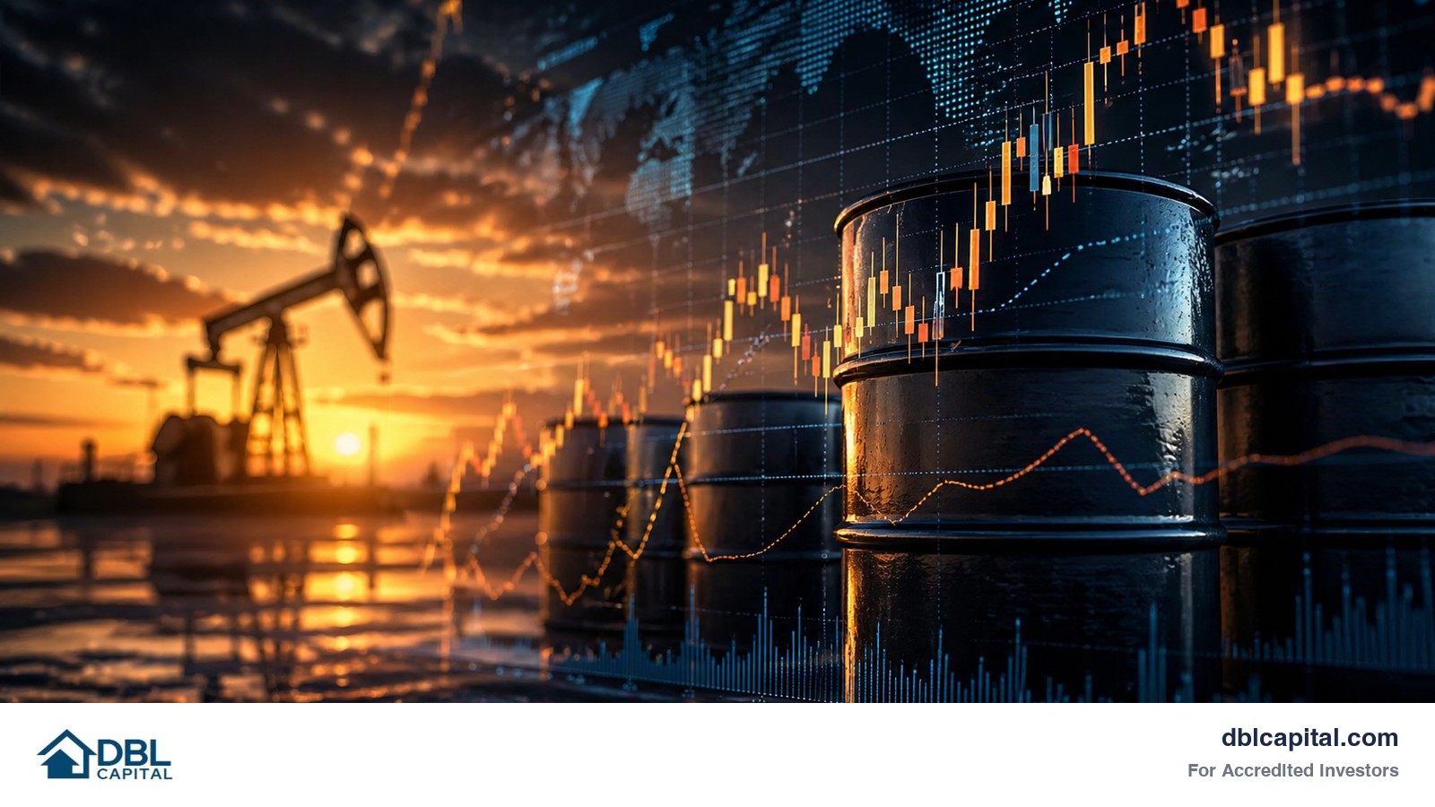 An image of oil barrels and an oil derrick with a stock charts overlay