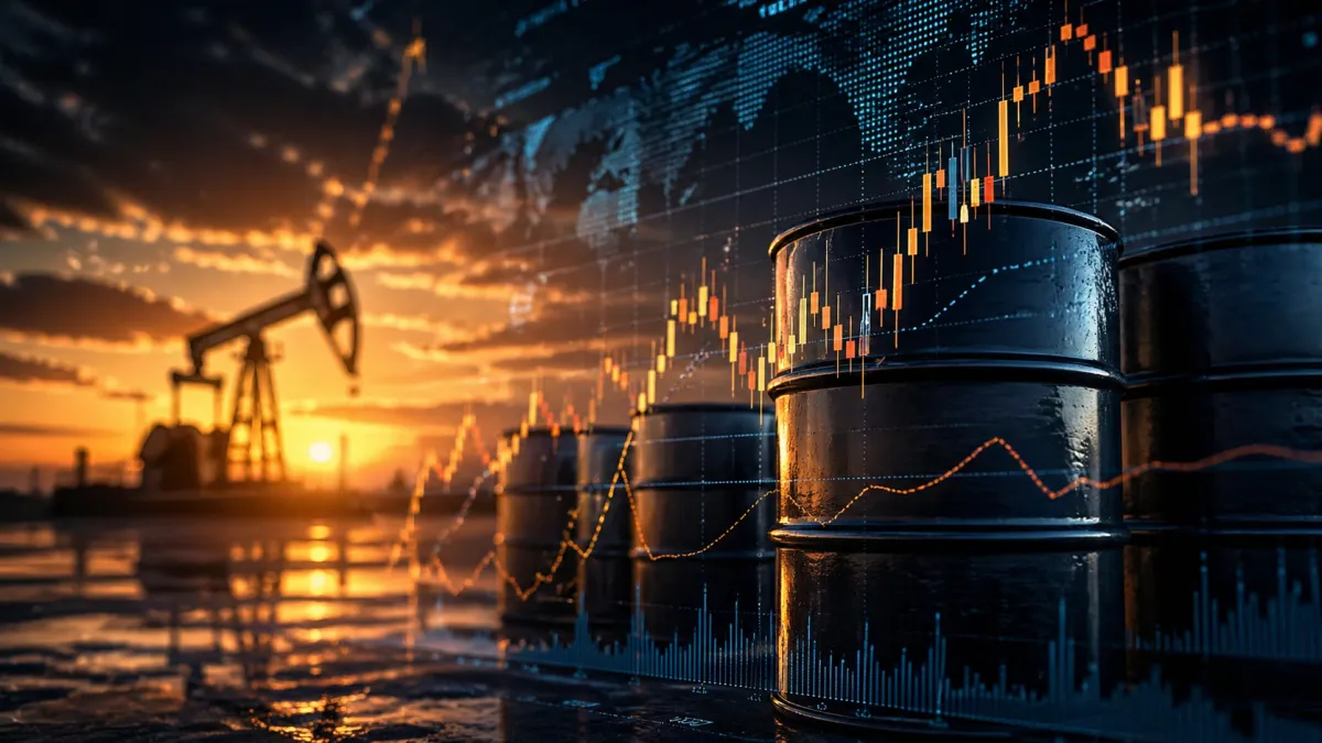 An image of oil barrels and an oil derrick with a stock charts overlay