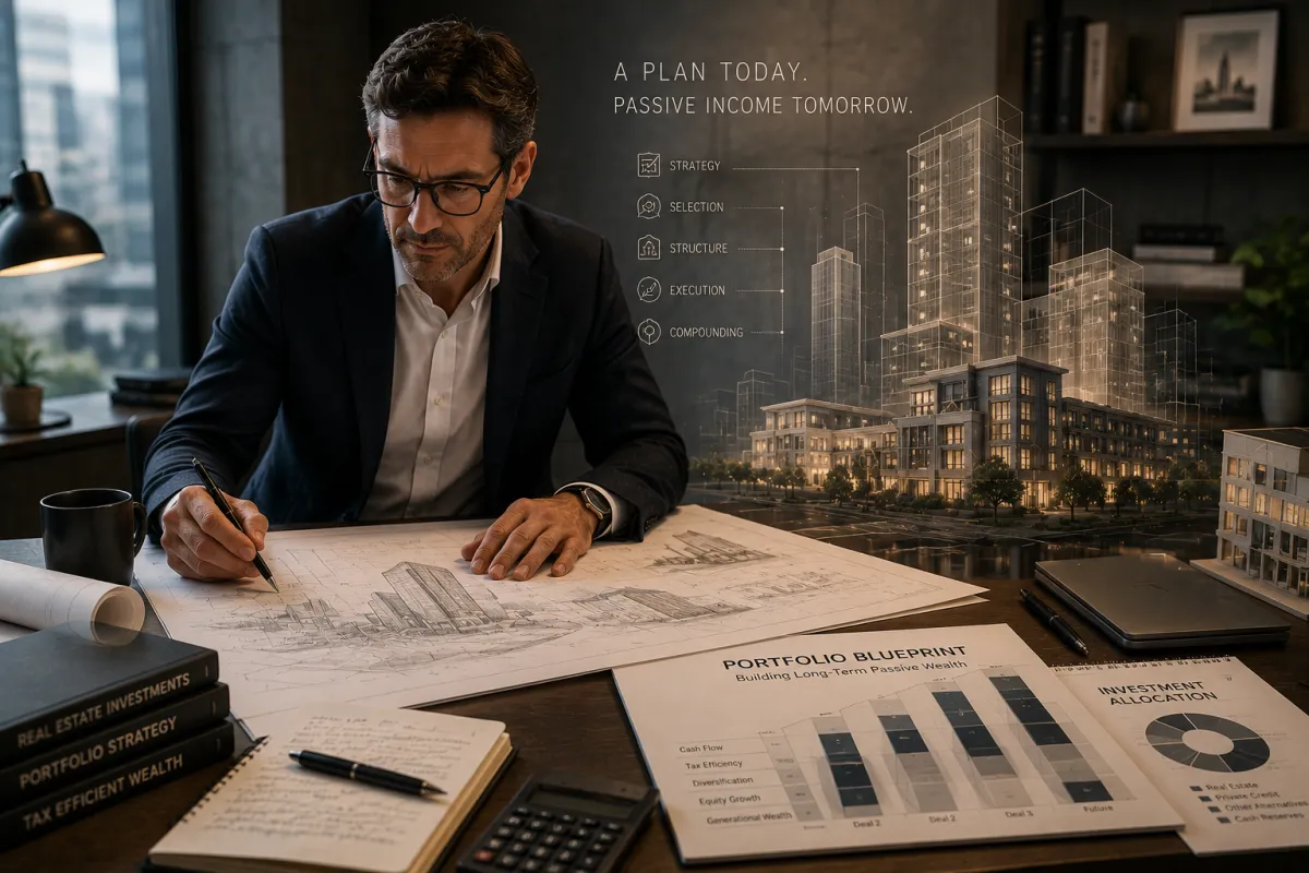 An investor at a desk is looking over a blueprint of a building. The desk also includes a portfolio blueprint and investment allocation report.