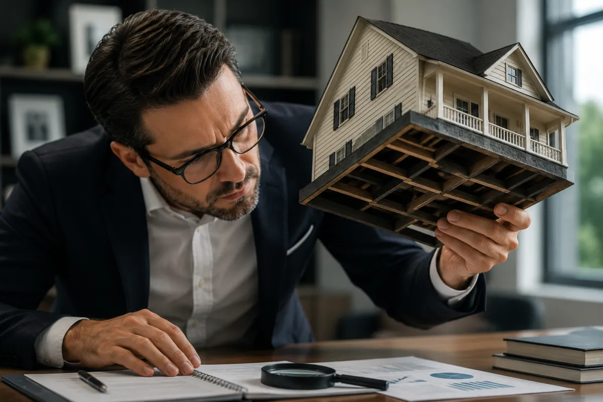 An investor lifts up a model single family house to see whats underneath it. On the desk below the invest is a magnifying glass and some investment charts. 
