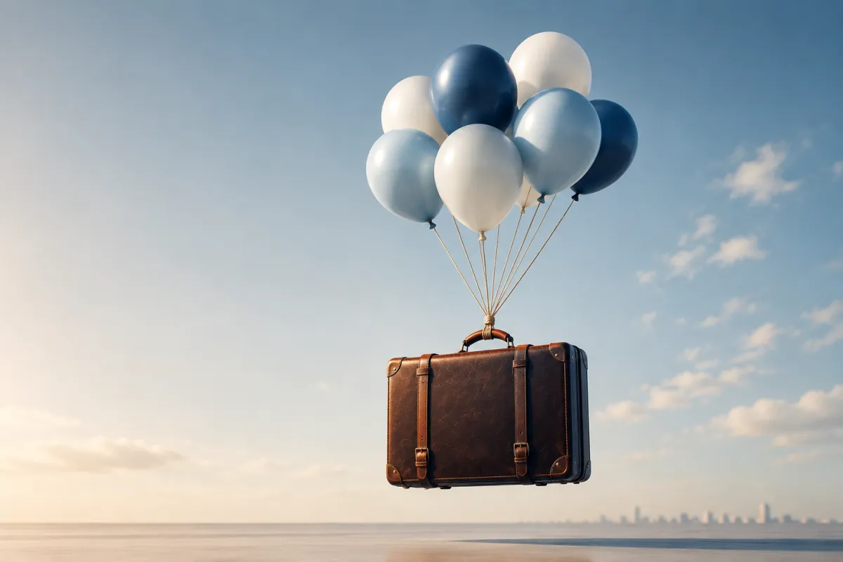The image shows a suitcase being lifted up by balloons. This shows the freedom that the right investment can provide.