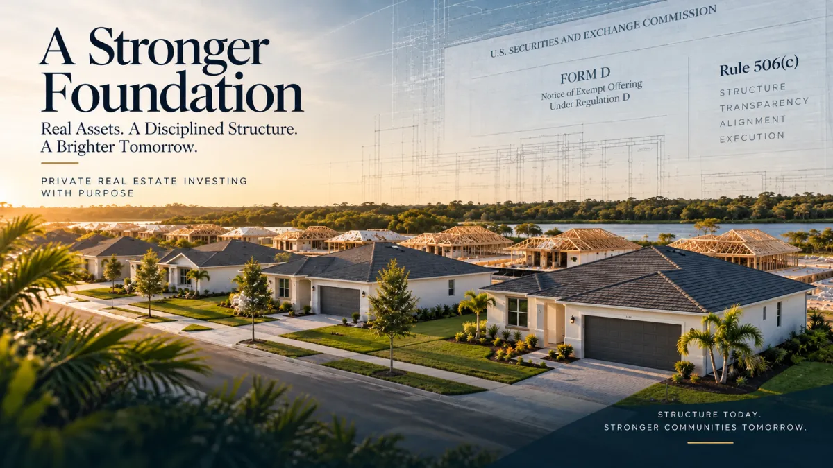 a neighborhood of houses is shown with the words a stronger foundation above the houses. 
