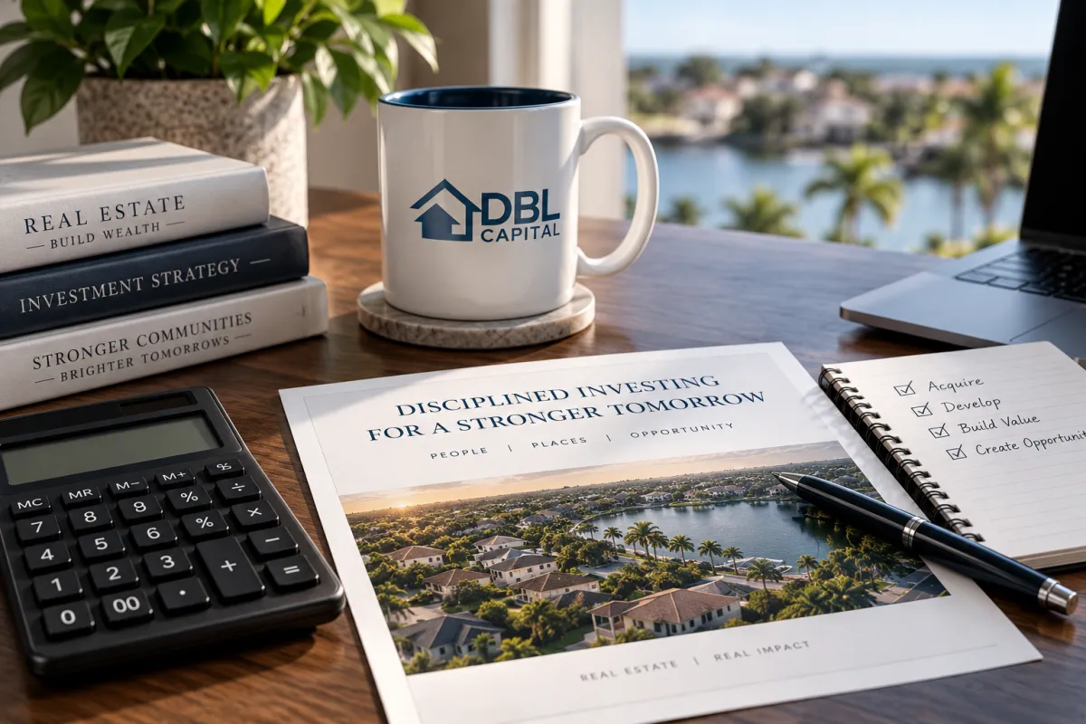 An investor's desk is shown which includes a calculator, notepad, dbl capital cup, and books referencing real estate and investment strategies.