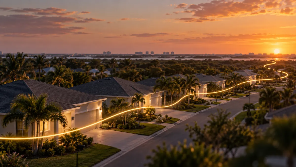 The image shows a golden line that represents deferred tax payments and its going past a neighborhood with different houses. 