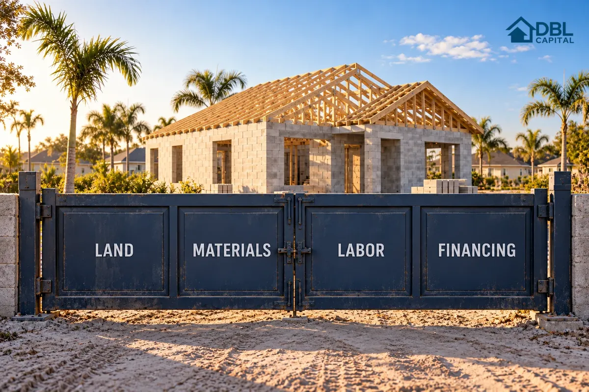 New single-family homes under construction with wood roof trusses and framing in a Southwest Florida residential development, DBL Capital branded