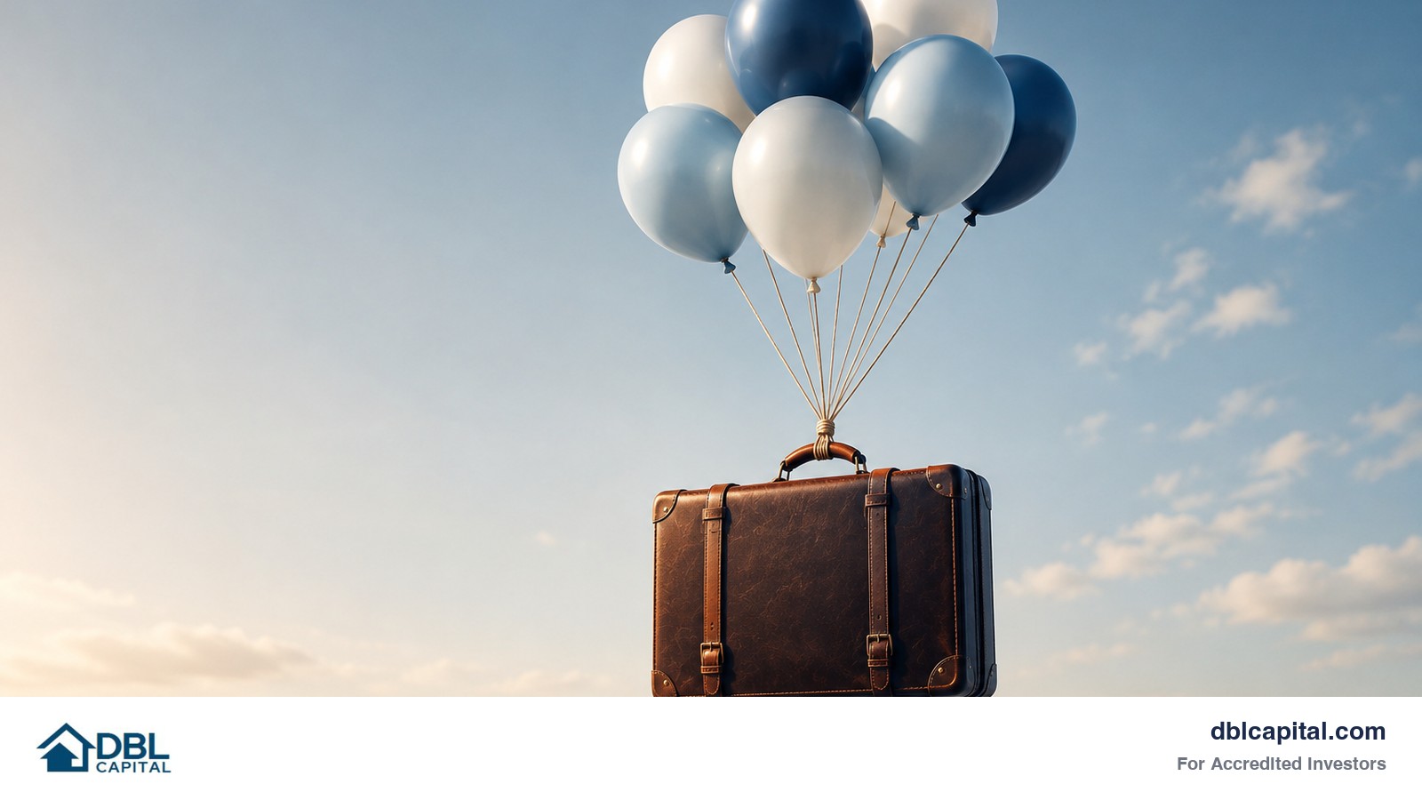 The image shows a suitcase being lifted up by balloons. This shows the freedom that the right investment can provide. 
