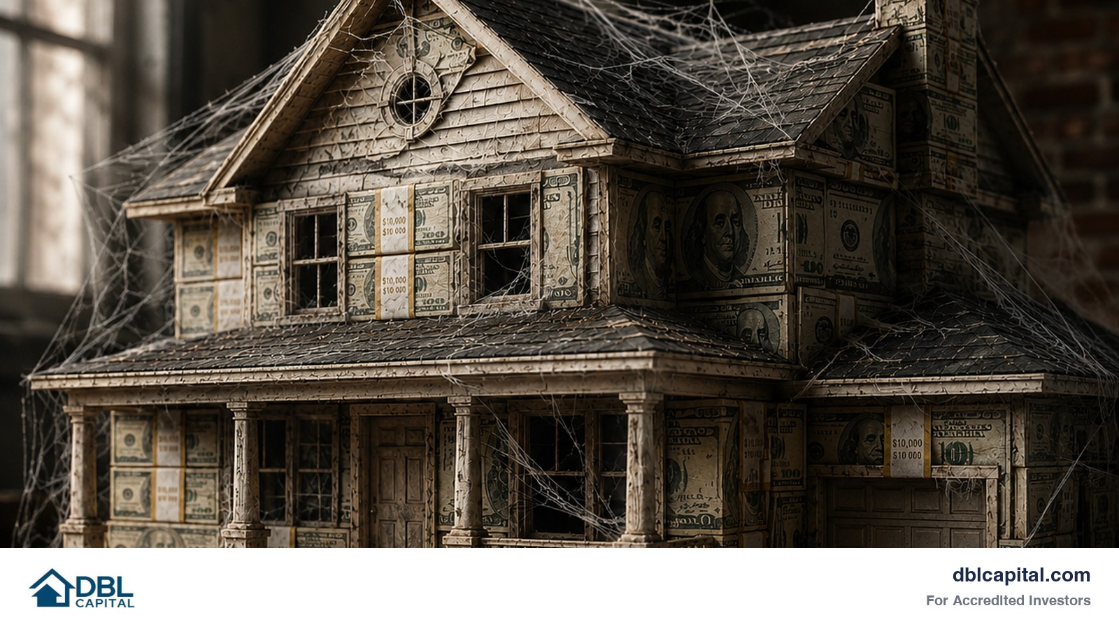 The image shows a model house sitting on a table that is made from cash. The house looks old and is covered in cobwebs from sitting so long. 