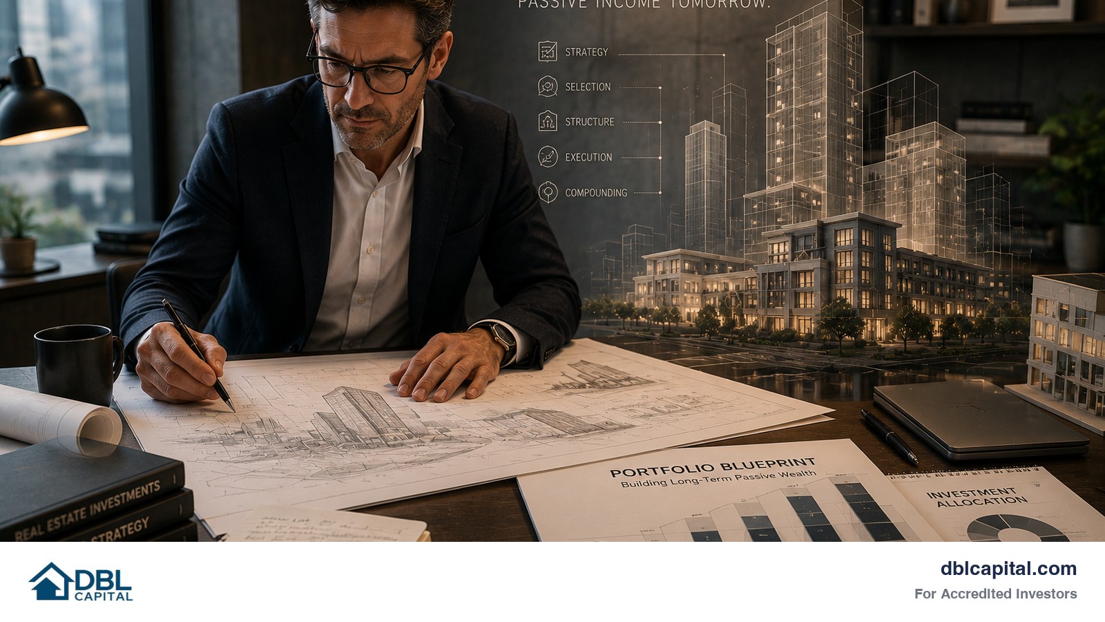An investor at a desk is looking over a blueprint of a building. The desk also includes a portfolio blueprint and investment allocation report.