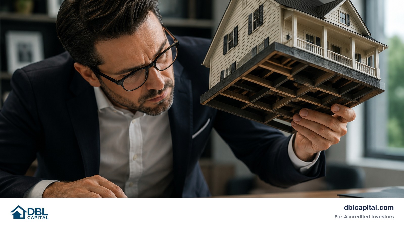 An investor lifts up a model single family house to see whats underneath it. On the desk below the invest is a magnifying glass and some investment charts. 