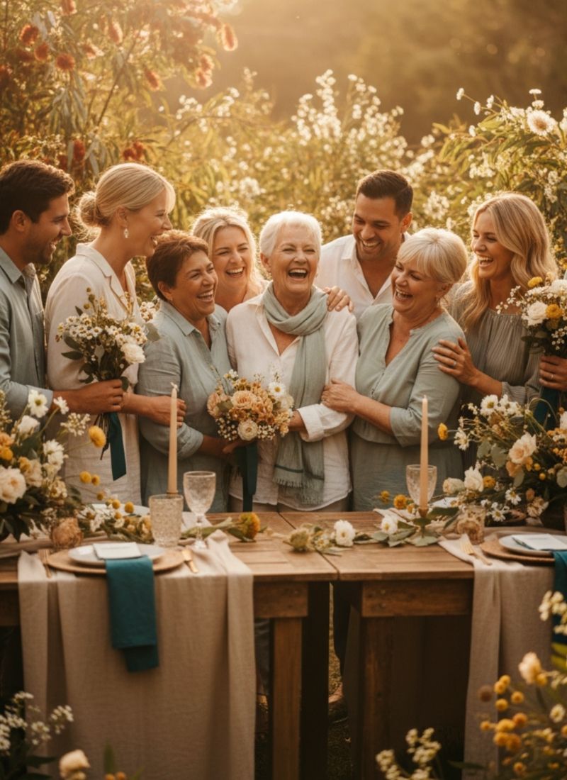 A joyful celebration gathering in a warm, sun-drenched environment
