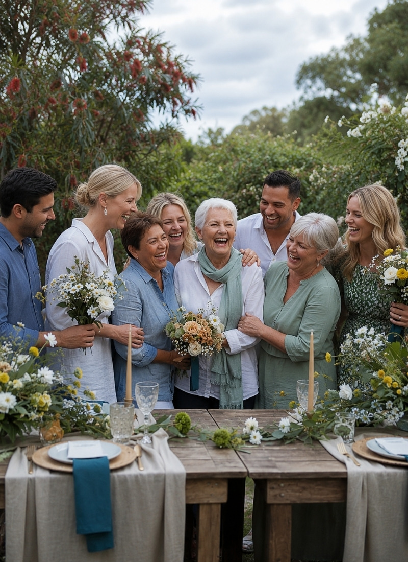 A joyful celebration gathering in a warm, sun-drenched environment
