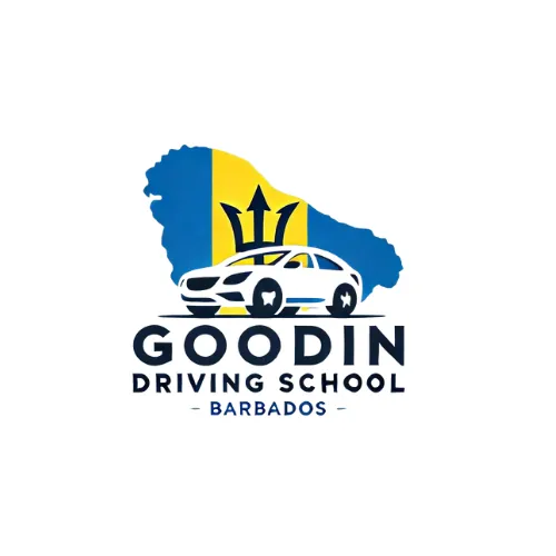 Gooding Driving School Logo a car in front of the shape of Barbados 