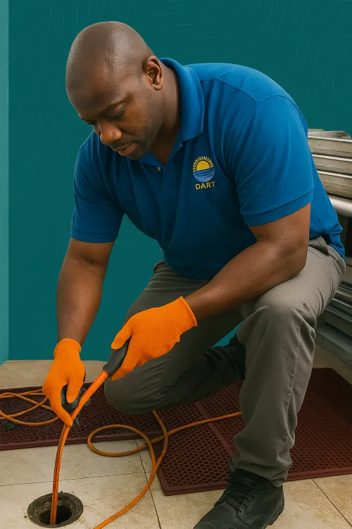Bajan plmbr fixing a leaking overflow pip under wall hun sink