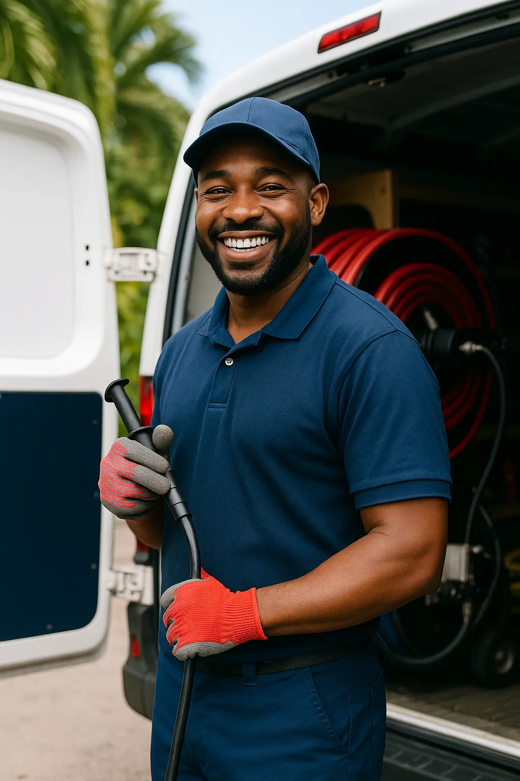 Plumber clearing blocked outdoor drain in Barbados