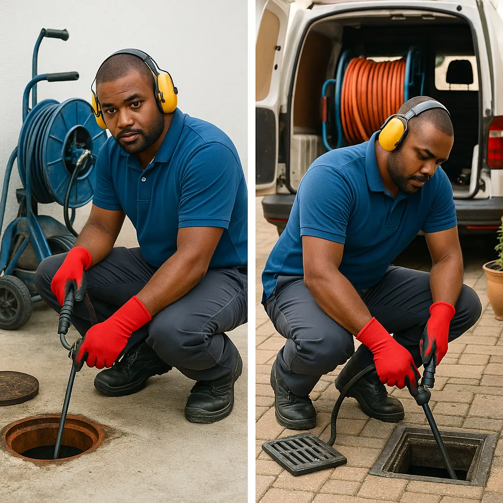 Bajan plumber jetting out dain with floor access