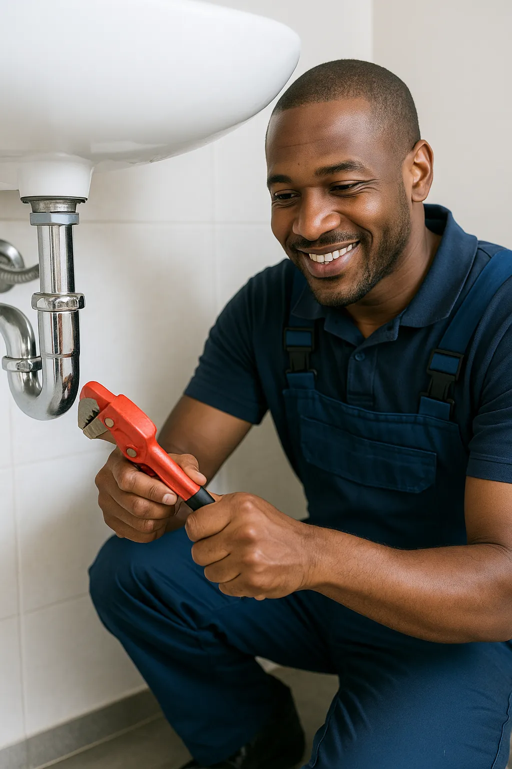 Barbdos plumber using his tools to fix a leak under the bathroom sink