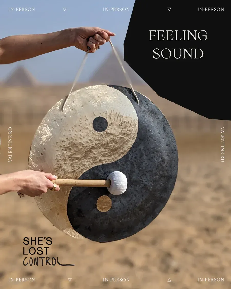 advert for feeling sound with Rachael Welford persons hand holding ong and beater.