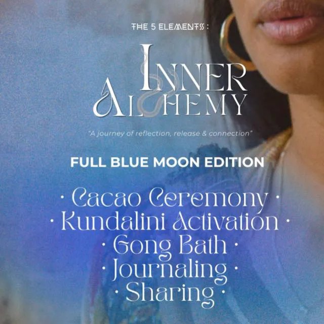 Inner alchemy flyer text says cacao ceremony, kudalini activation, gong bath, journaling, sharing