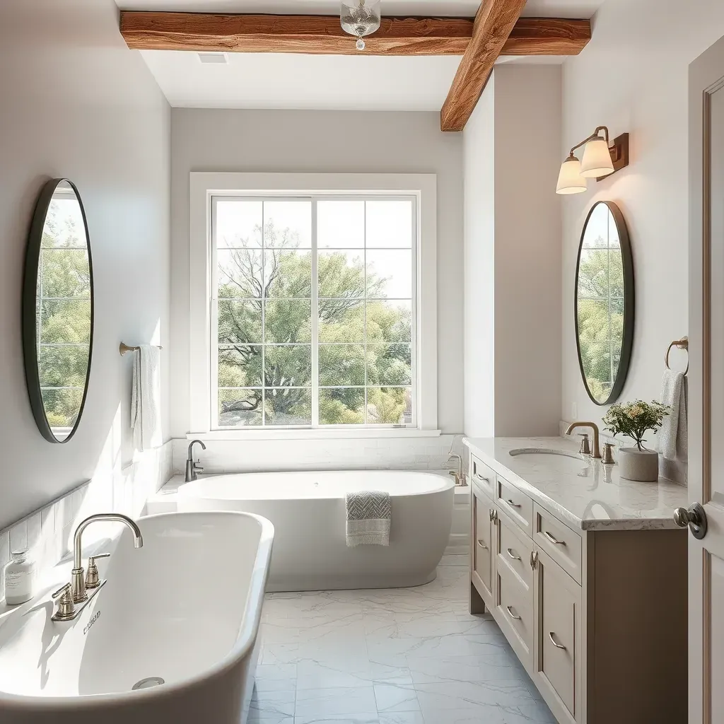 Luxurious Wimberley, TX bathroom with natural stone, wood accents, walk-in shower, and soaking tub, blending rustic charm and modern design.