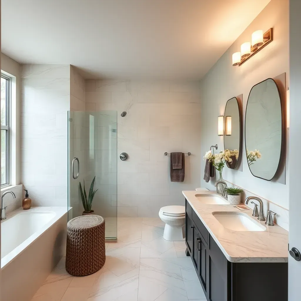 Modern Cedar Park bathroom with large tiles, quartz vanity, walk-in shower, and natural light for stylish remodeling.