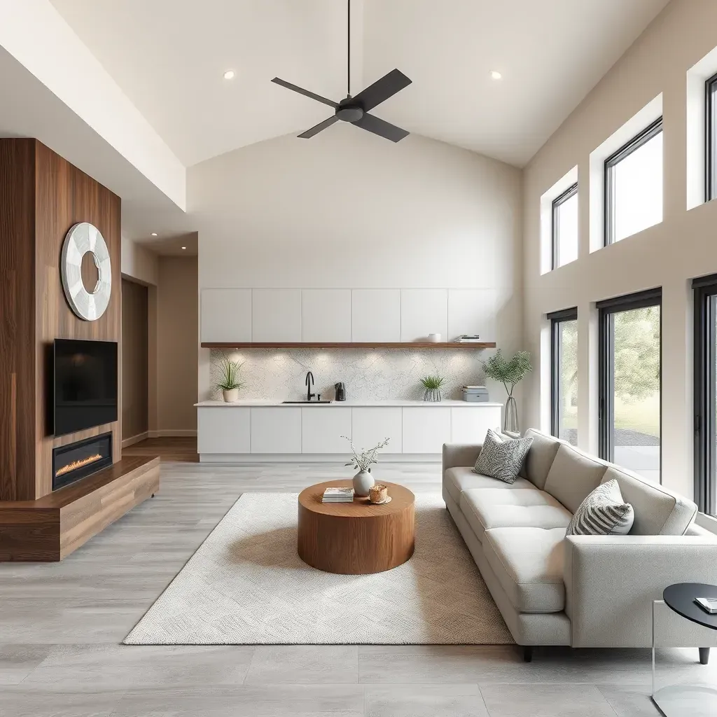 A modern Bee Cave, TX home renovation scene with new porch decking, construction tools, and Austin-style trees.