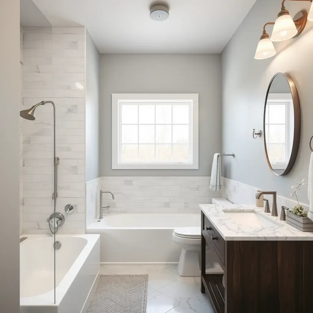 Modern Kerrville bathroom with rustic chic decor, featuring a glass shower, freestanding tub, wood accents, and hill country views.