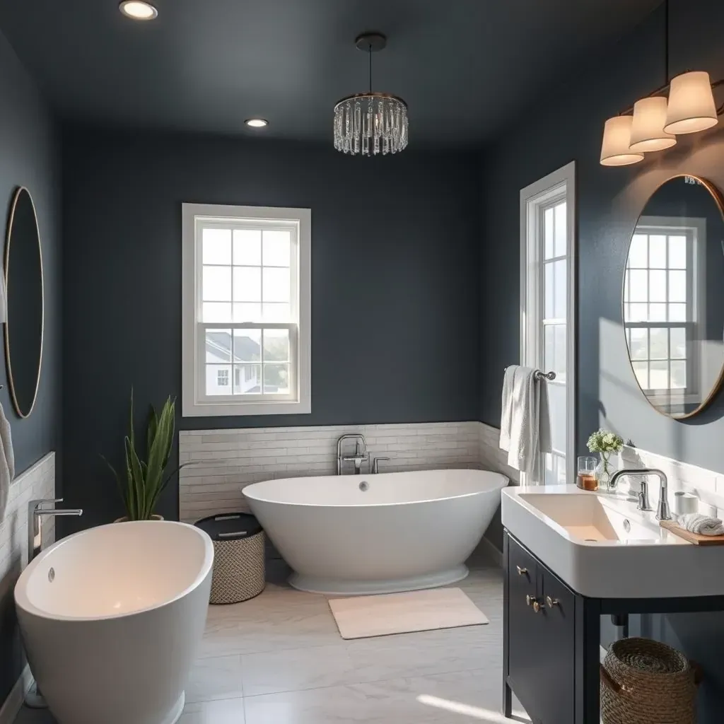Modern bathroom with walk-in shower, freestanding tub, quartz vanity, and stylish fixtures in Temple, TX.