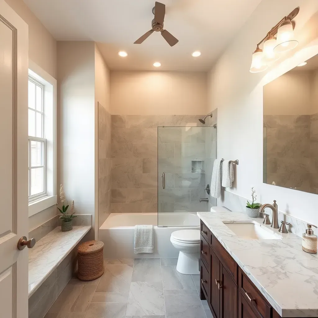 Modern Bee Cave bathroom with porcelain tiles, glass shower, soaking tub, quartz vanity, and natural light.