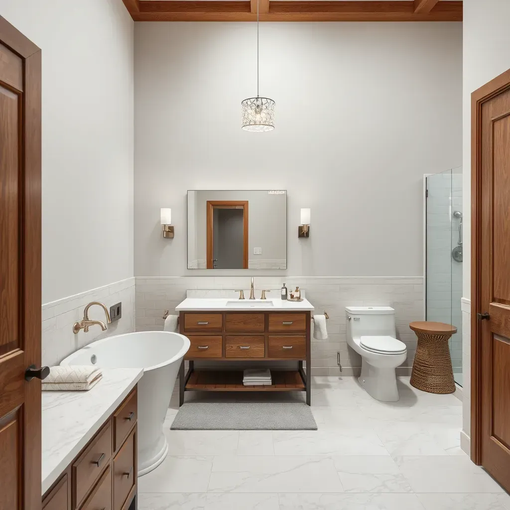 A modern bathroom remodel in New Braunfels, TX, featuring elegant fixtures, stylish tiles, and bright natural lighting.